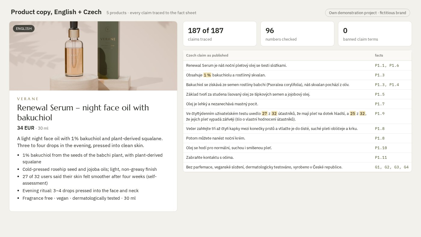 Product descriptions in English and Czech, every claim sourced
