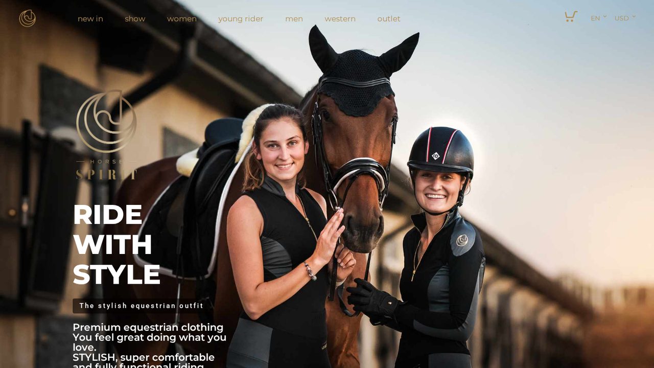 HorseSpirit online shop: two riders in black riding tops with a horse, headline “Ride with style”