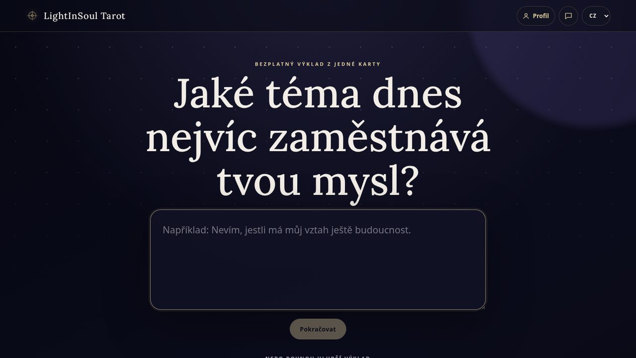 LightInSoul Tarot app: a dark page asking which topic is on your mind today