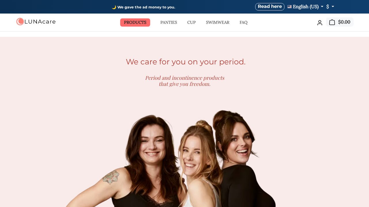 LunaCare online shop: home page with three smiling women and the line “We care for you on your period”